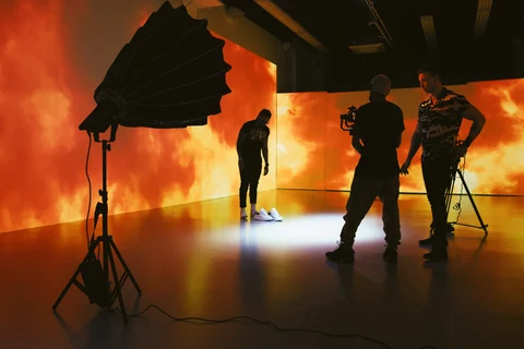 Film crew fiery screen