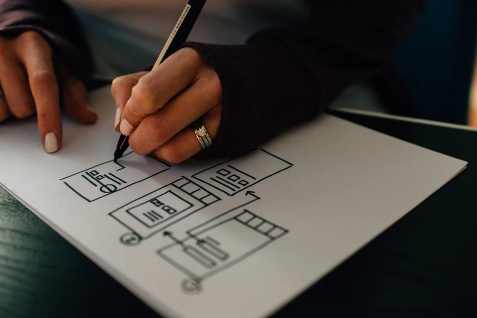 Hands sketching interface wireframe