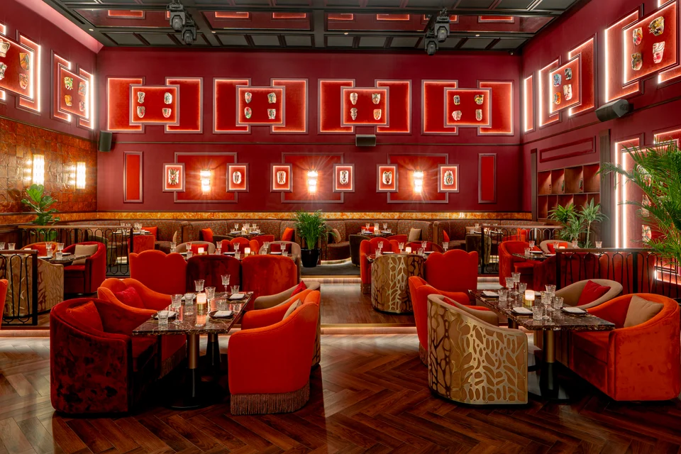 Symmetrical red restaurant dining room