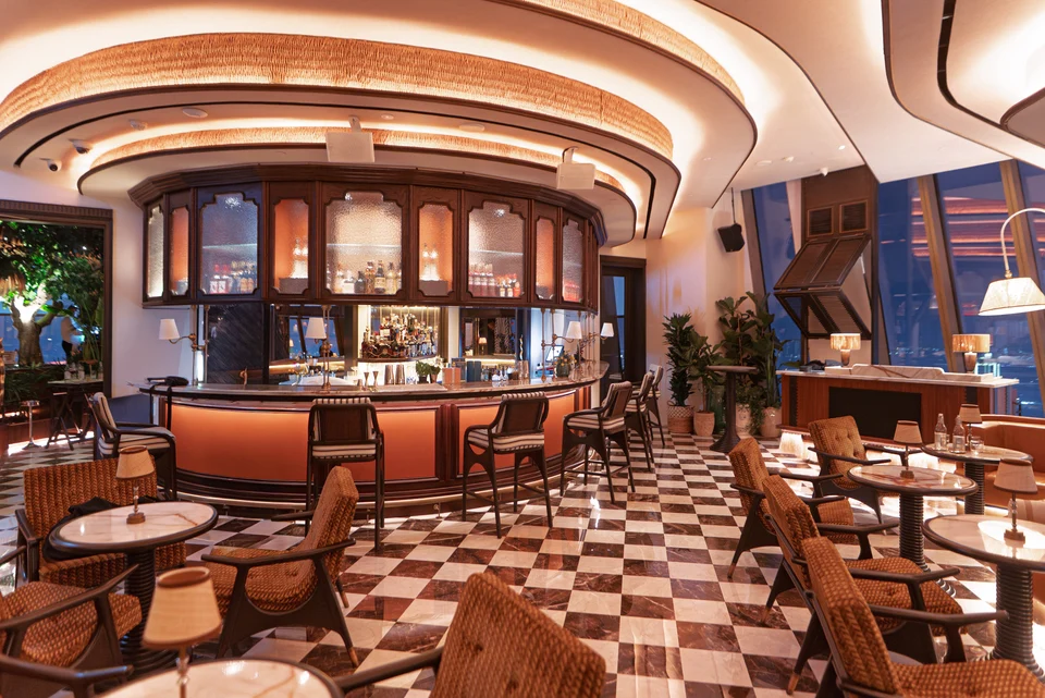 Curved bar checkered floor interior
