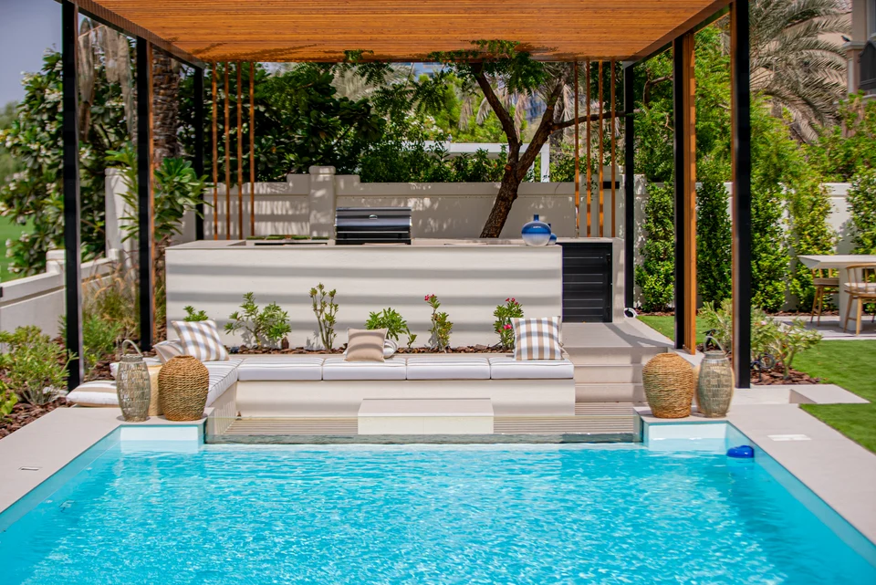 Pool facing shaded garden pavilion