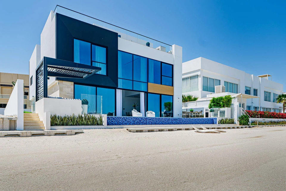 White blue villa street view