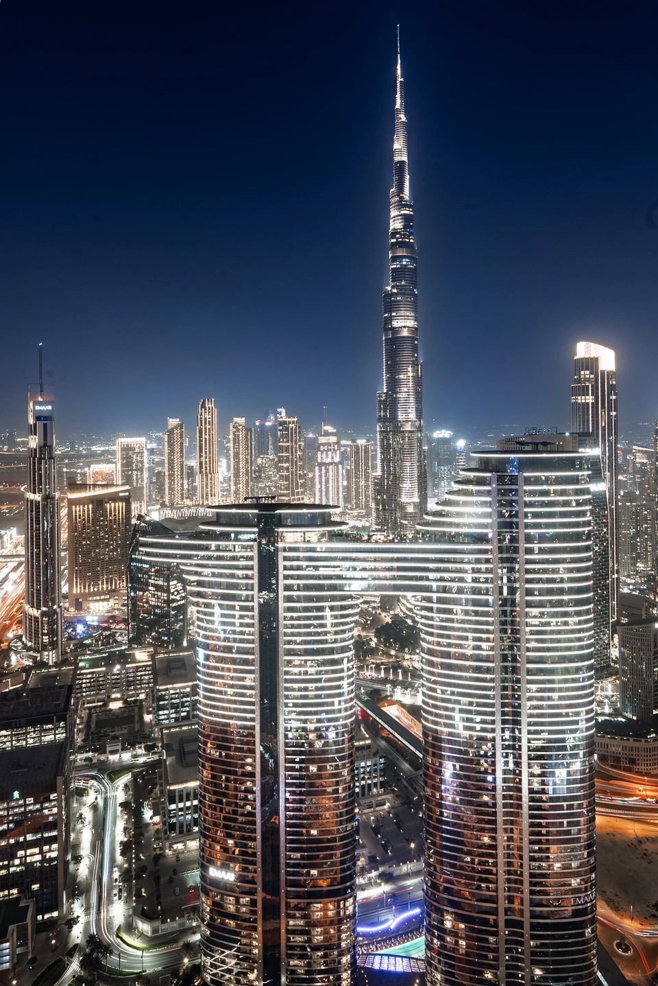 Night skyline tall tower city